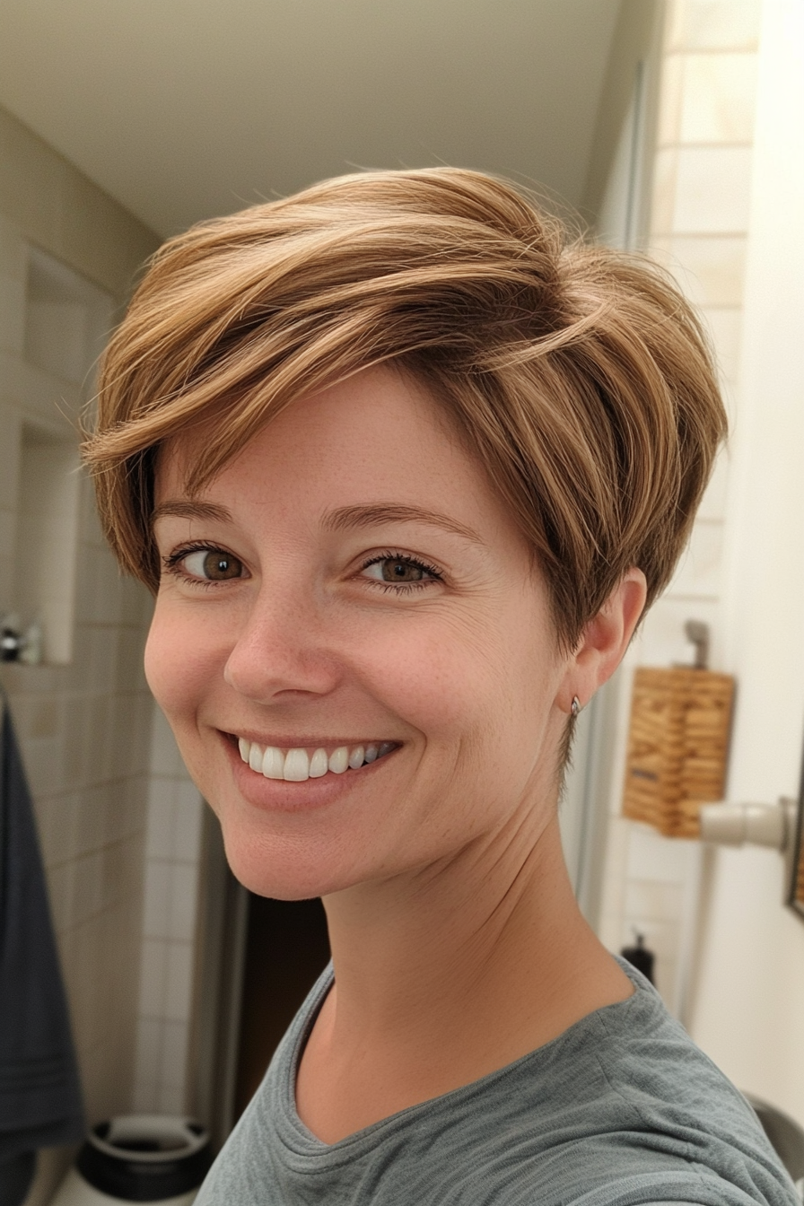 3. Soft Layered Honey Brown Pixie (Pixie Hairstyles For Thin Hair) - Pixie Hairstyles For Thin Hair