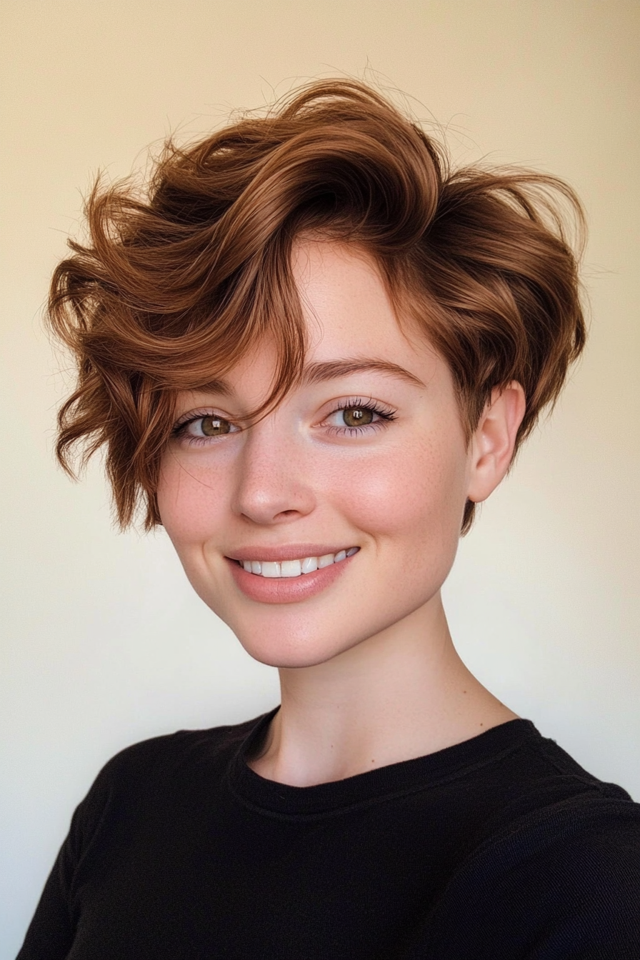 14. Wavy Mahogany Pixie (Pixie Hairstyles For Thin Hair) - Pixie Hairstyles For Thin Hair