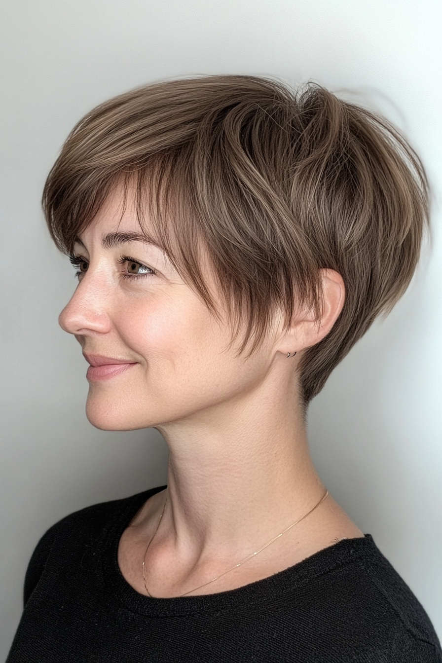 15. Feminine Ash Brown Pixie with Long Bangs (Pixie Hairstyles For Thin Hair) - Pixie Hairstyles For Thin Hair
