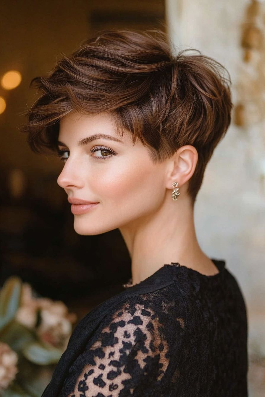 17. Edgy Cocoa Brown Pixie with Undercut (Pixie Hairstyles For Thin Hair) - Pixie Hairstyles For Thin Hair