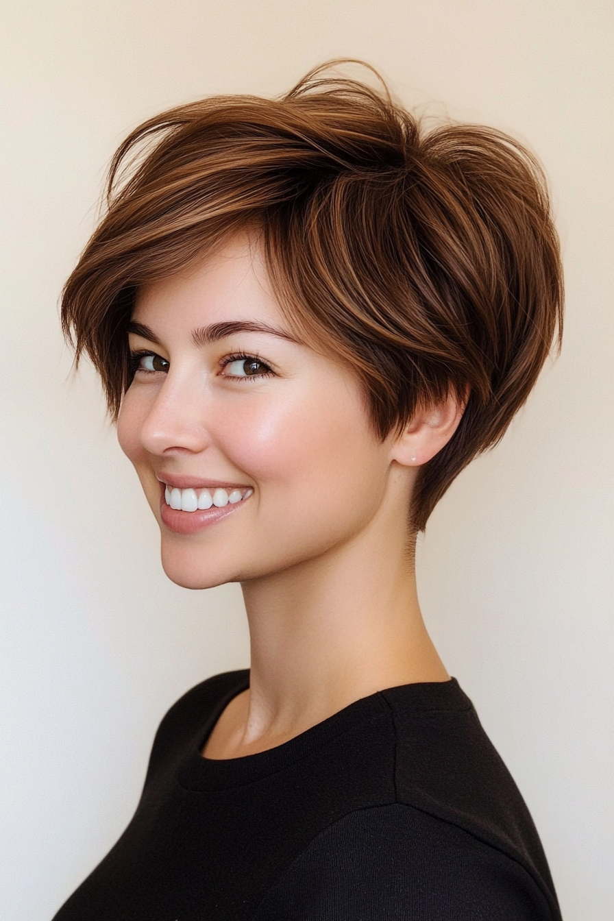18. Voluminous Warm Brunette Pixie (Pixie Hairstyles For Thin Hair) - Pixie Hairstyles For Thin Hair