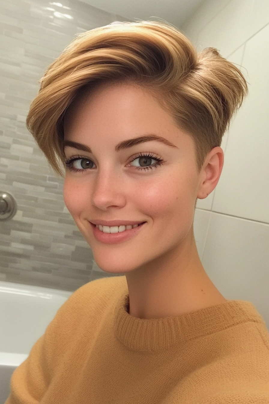 19. Side-Parted Honey Blonde Pixie (Pixie Hairstyles For Thin Hair) - Pixie Hairstyles For Thin Hair