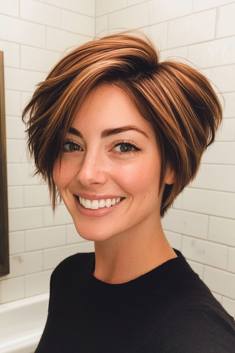 20. Layered Cinnamon Brown Pixie (Pixie Hairstyles For Thin Hair) - Pixie Hairstyles For Thin Hair