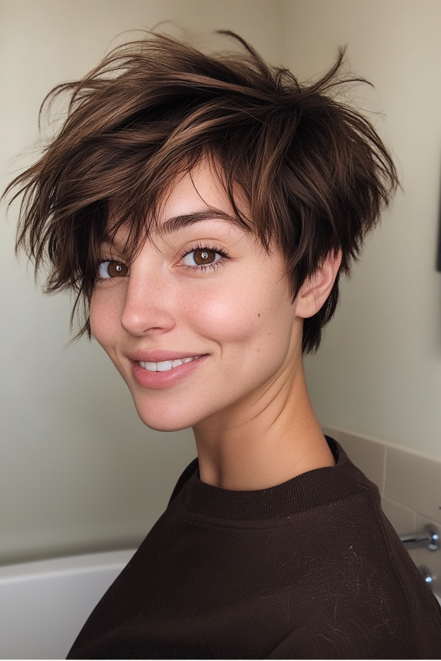 21. Shaggy Dark Brown Pixie with Baby Bangs (Pixie Hairstyles For Thin Hair) - Pixie Hairstyles For Thin Hair