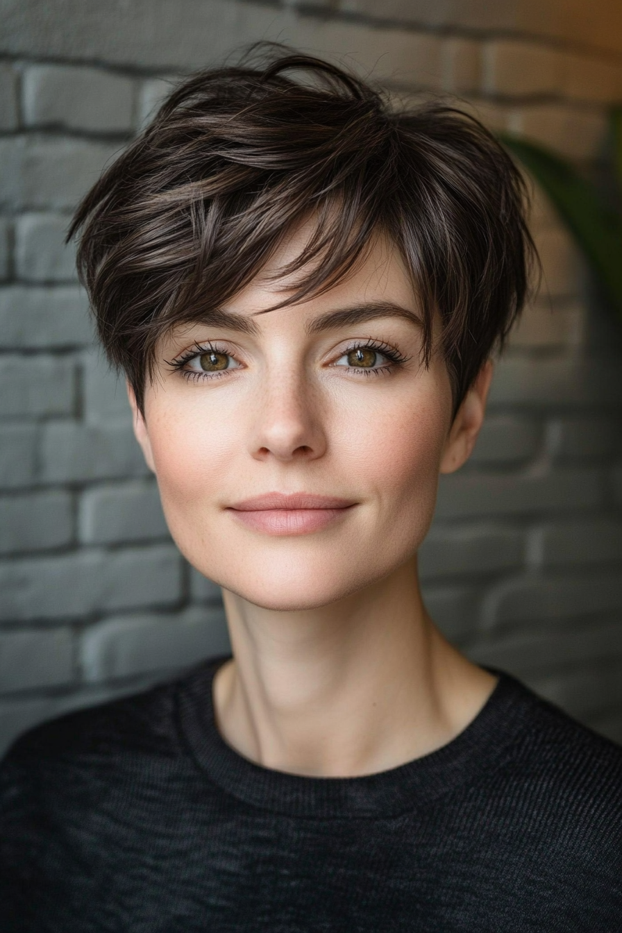 23. Boyish Charcoal Brown Pixie (Pixie Hairstyles For Thin Hair) - Pixie Hairstyles For Thin Hair