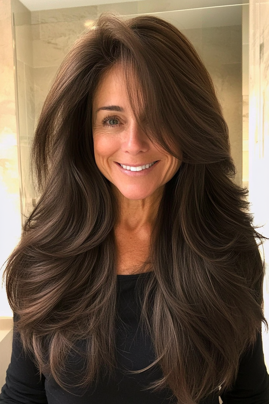 1. Feathered Layers in Dark Brown (Long Hairstyles For Older Women) - Long Hairstyles For Older Women