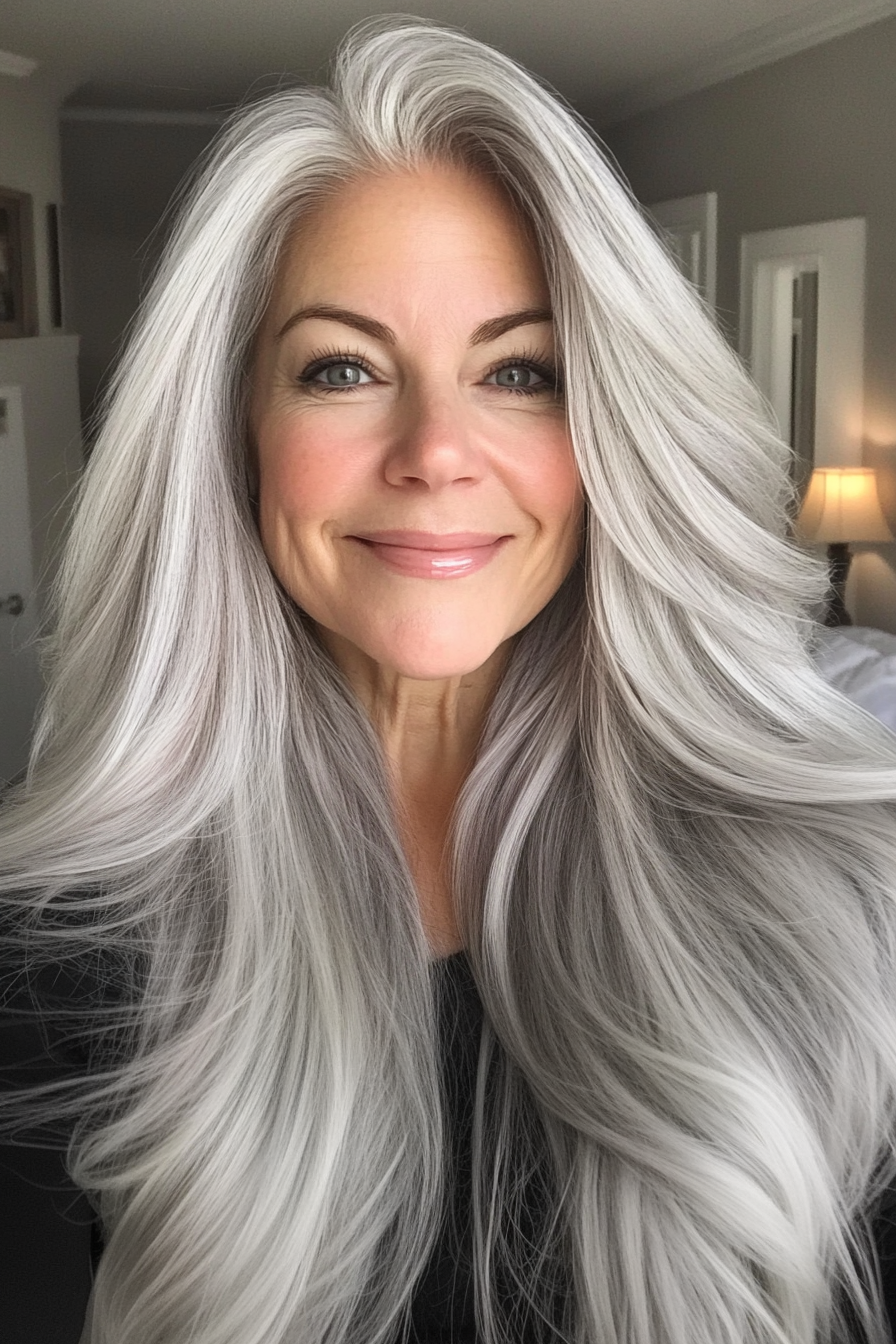 4. Silver Balayage with Face-Framing Layers (Long Hairstyles For Older Women) - Long Hairstyles For Older Women