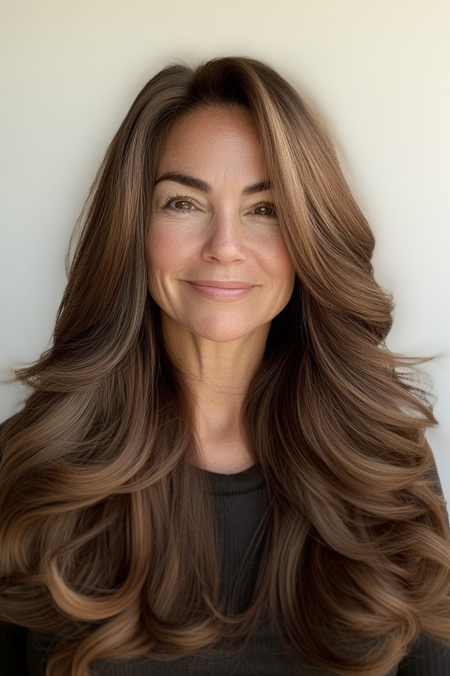 5. Caramel-Toned Curtain Layers (Long Hairstyles For Older Women) - Long Hairstyles For Older Women
