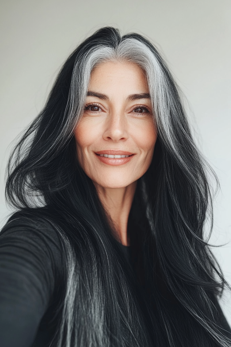 6. Natural Black Glossy Layers (Long Hairstyles For Older Women) - Long Hairstyles For Older Women
