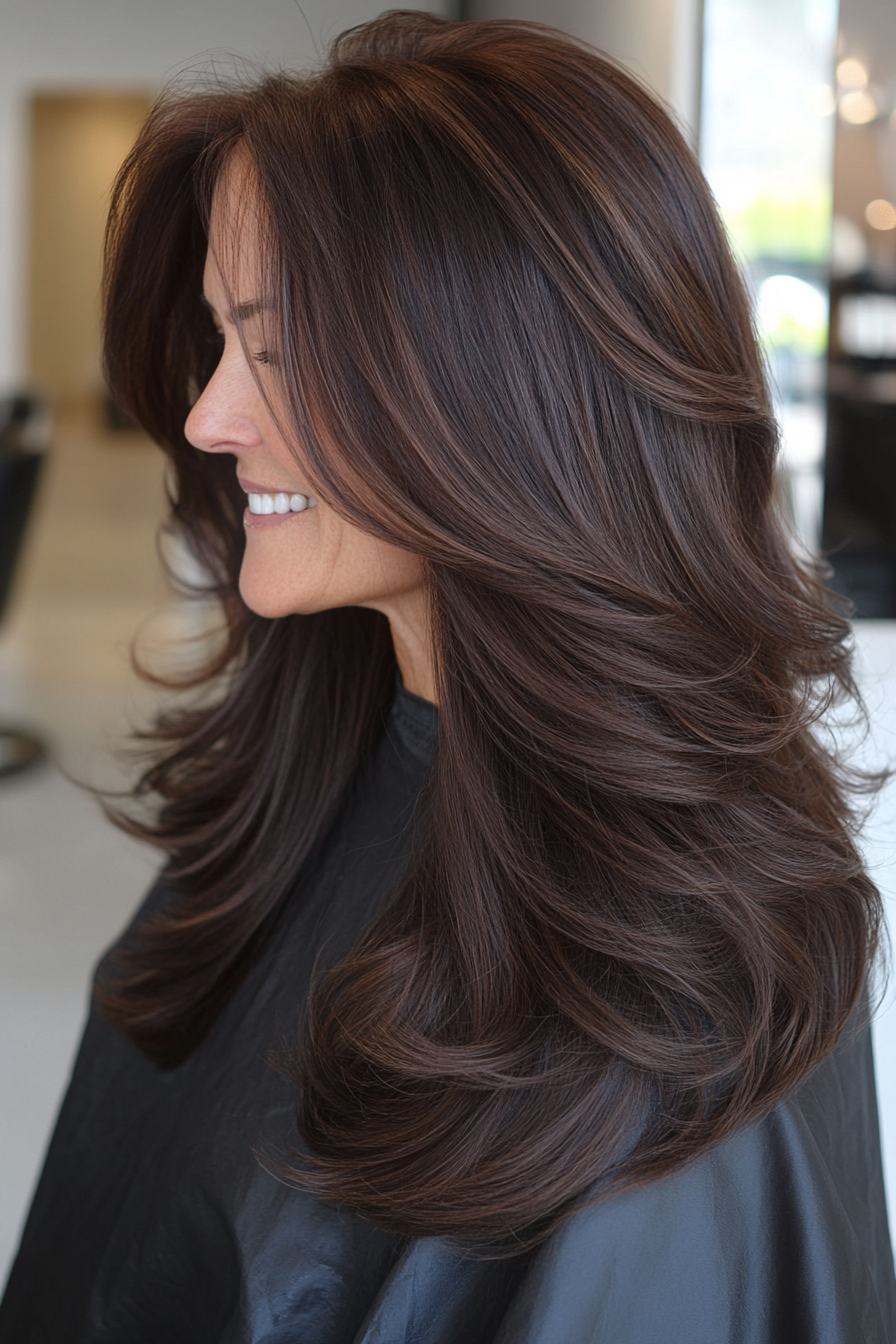 8. Dark Chocolate Long Layers (Long Hairstyles For Older Women) - Long Hairstyles For Older Women