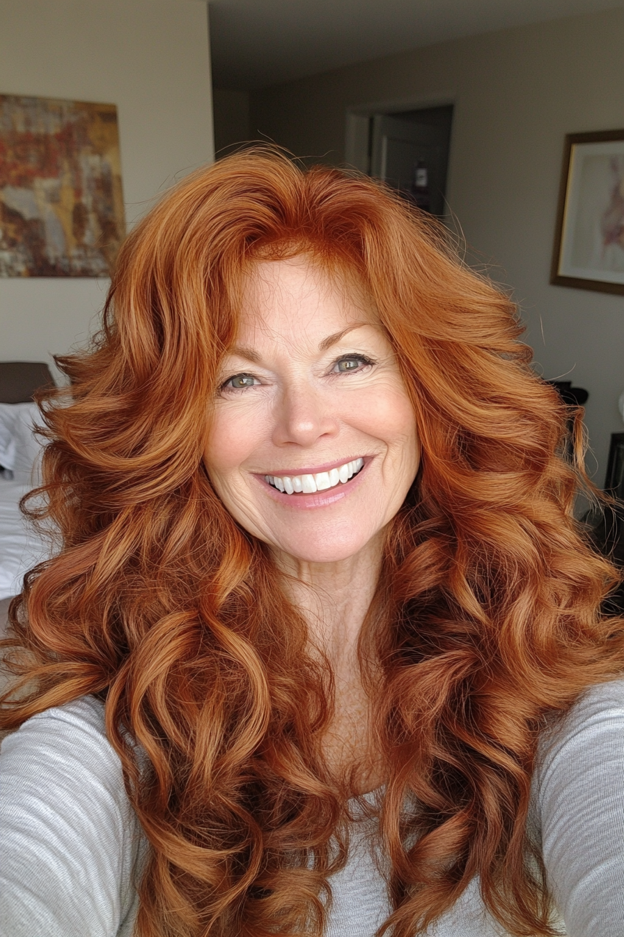 9. Warm Auburn Cascading Curls (Long Hairstyles For Older Women) - Long Hairstyles For Older Women