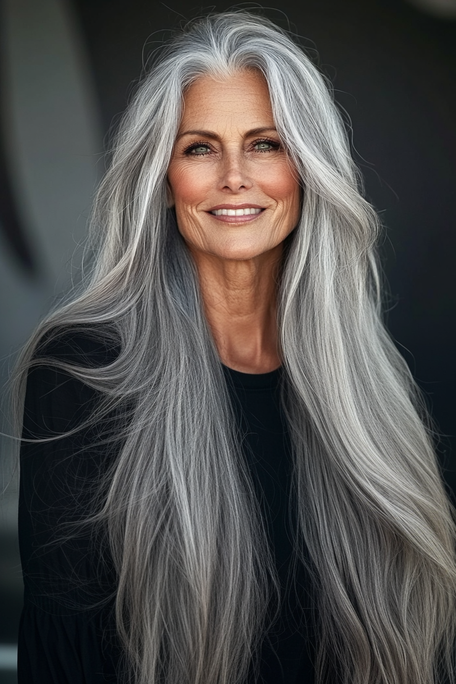 10. Soft Gray Wispy Layers (Long Hairstyles For Older Women) - Long Hairstyles For Older Women