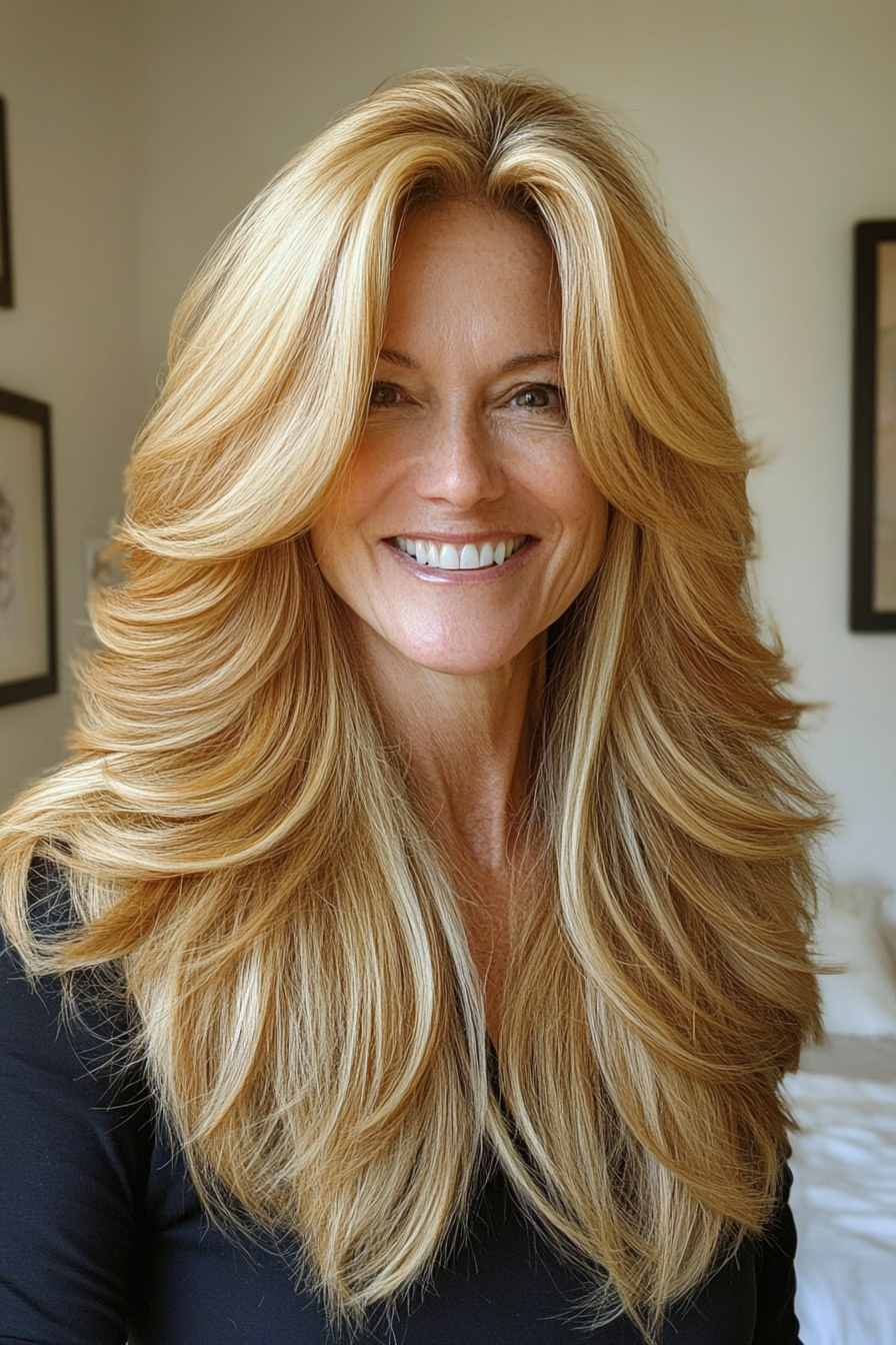 12. Golden Honey Long Feathered Cut (Long Hairstyles For Older Women) - Long Hairstyles For Older Women