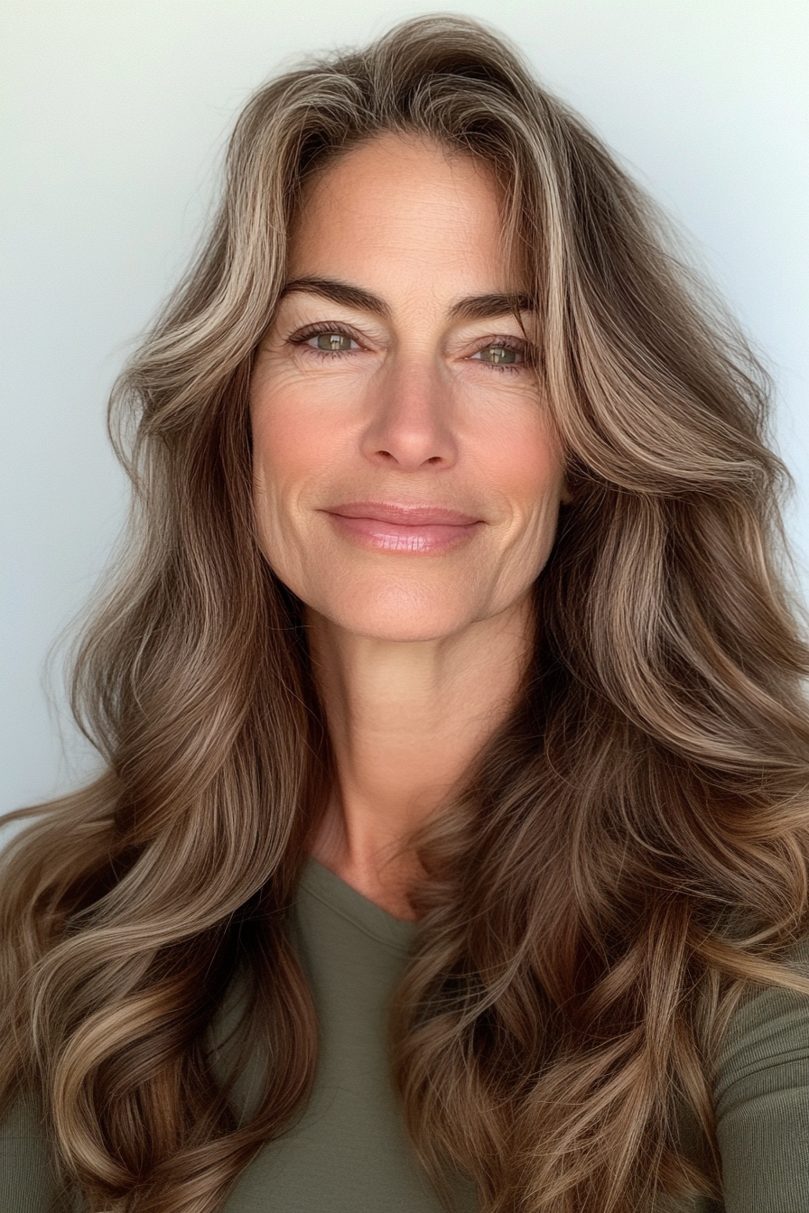 14. Soft Mocha Waves with Long Layers (Long Hairstyles For Older Women) - Long Hairstyles For Older Women