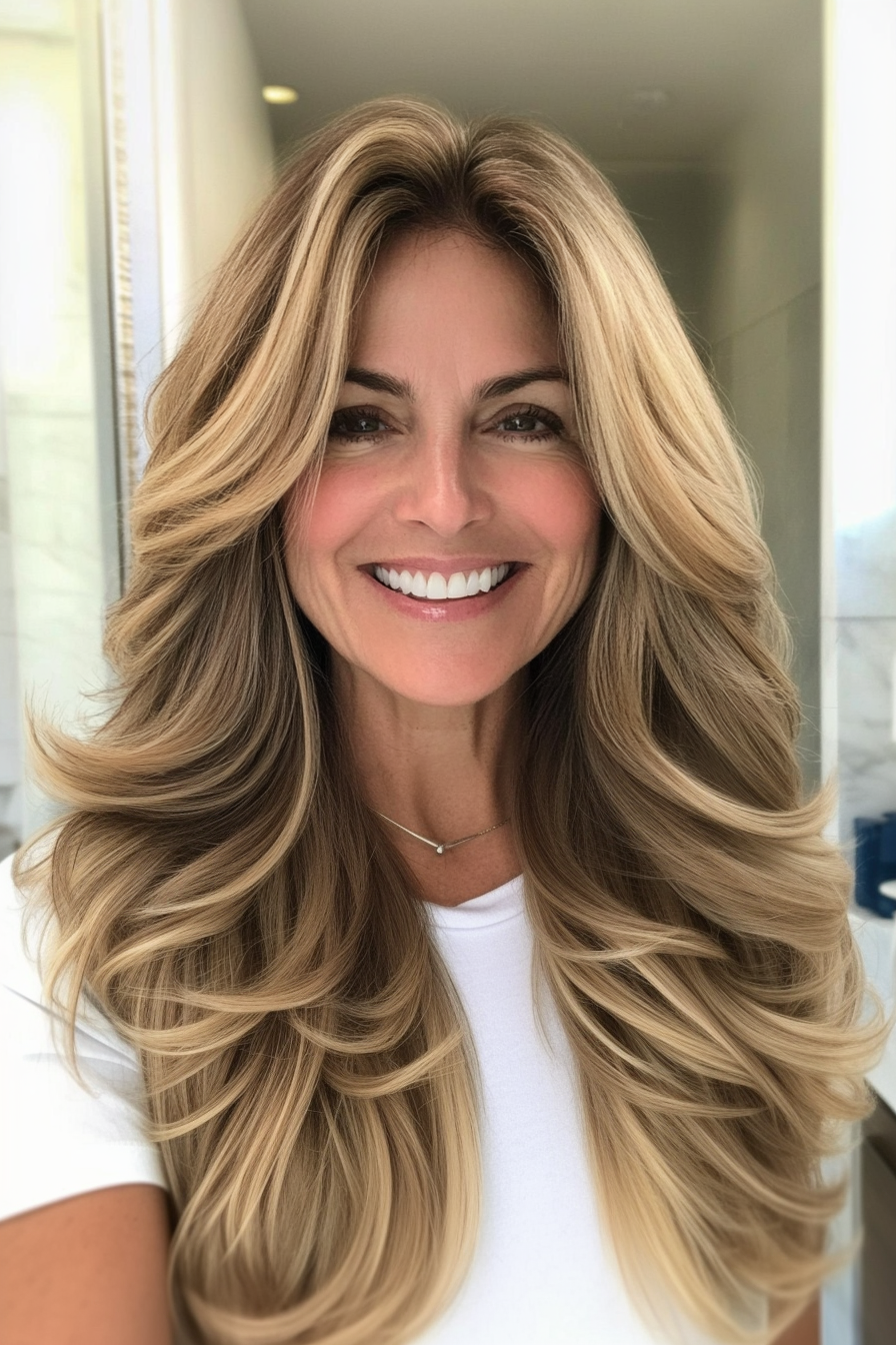 15. Sun-Kissed Bronde Flowing Layers (Long Hairstyles For Older Women) - Long Hairstyles For Older Women