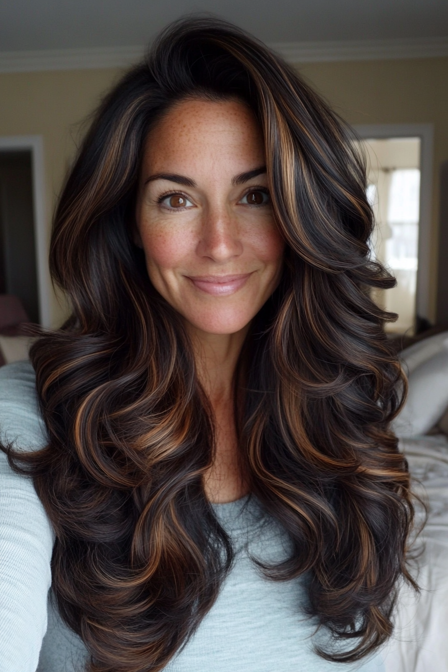 16. Chocolate Caramel Soft Curls (Long Hairstyles For Older Women) - Long Hairstyles For Older Women