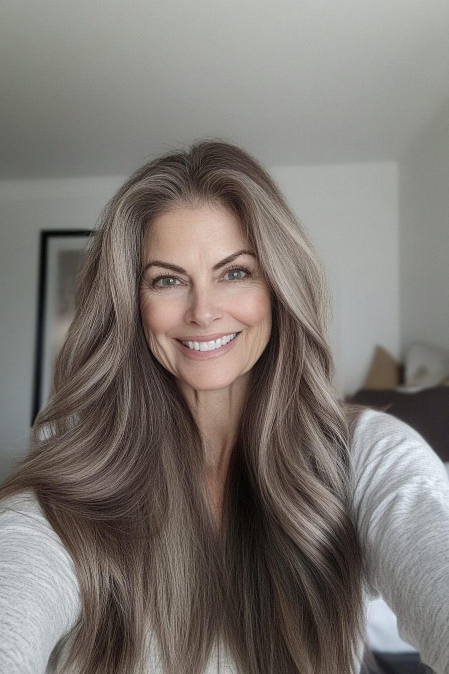 17. Silky Ash Brown Classic Layers (Long Hairstyles For Older Women) - Long Hairstyles For Older Women
