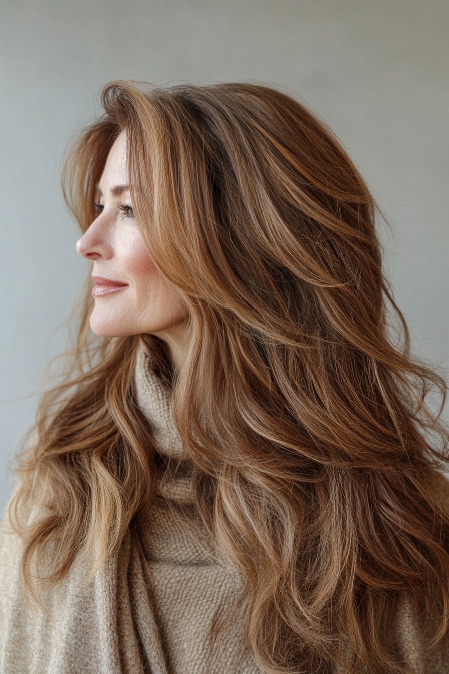 18. Light Chestnut Tousled Layers (Long Hairstyles For Older Women) - Long Hairstyles For Older Women