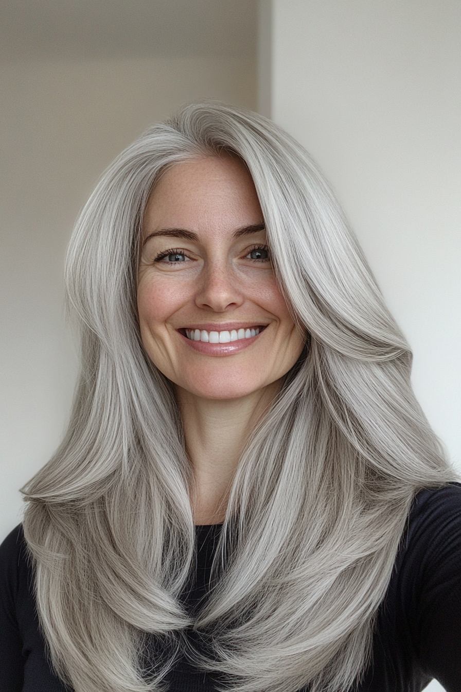 19. Pewter Gray Softly Blended Layers (Long Hairstyles For Older Women) - Long Hairstyles For Older Women