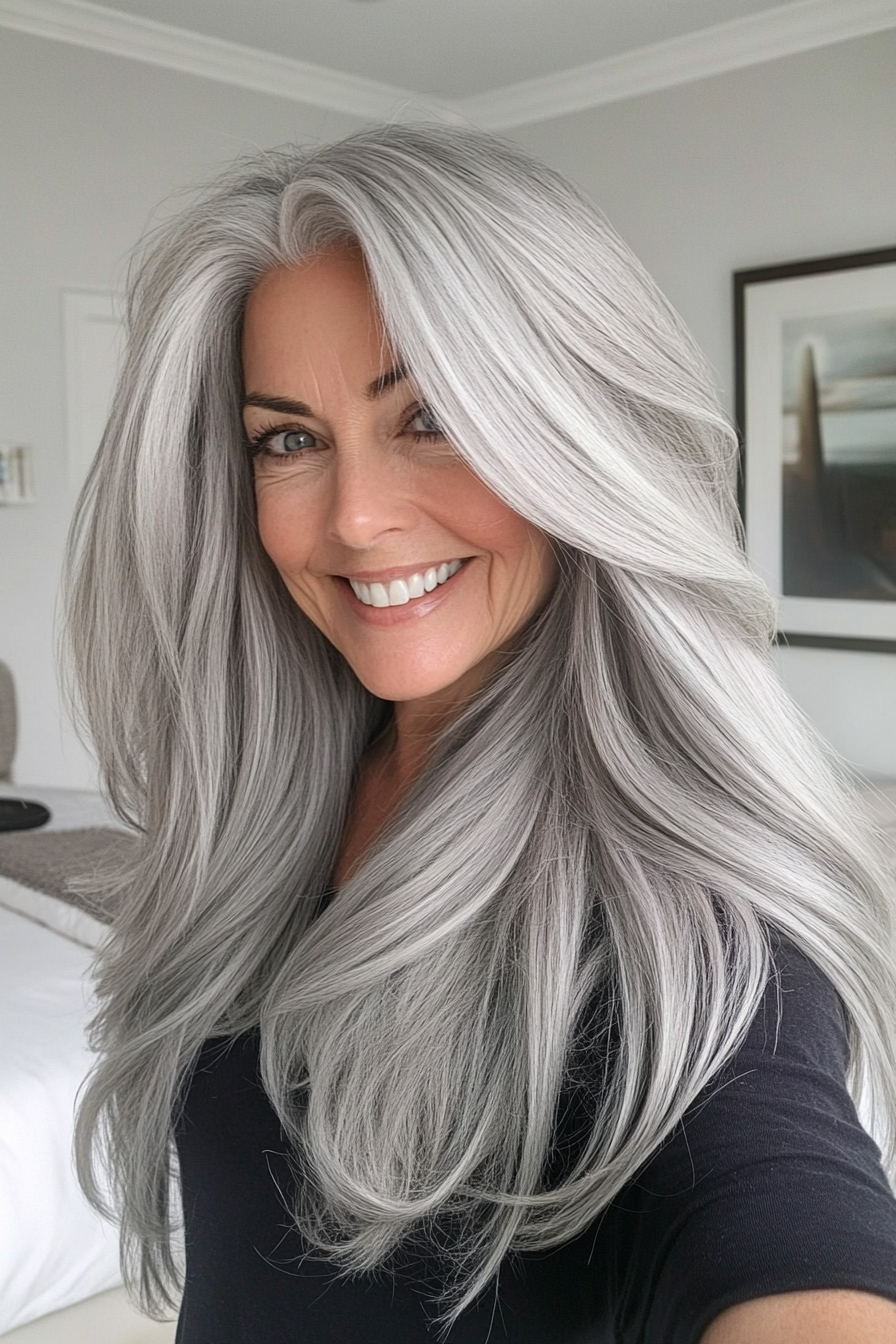 21. Ashy Silver Swooping Layers (Long Hairstyles For Older Women) - Long Hairstyles For Older Women