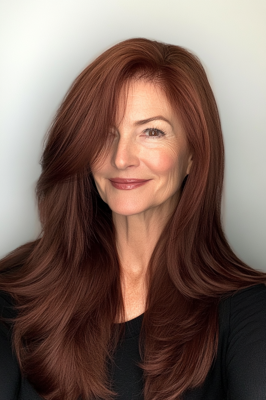 22. Rich Mahogany Straight Cut with Layers (Long Hairstyles For Older Women) - Long Hairstyles For Older Women