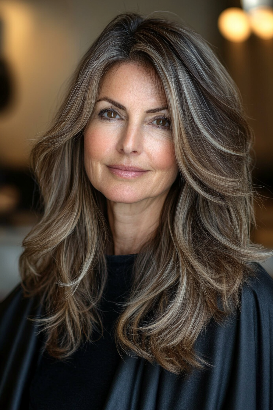 24. Smoky Brown Long Choppy Layers (Long Hairstyles For Older Women) - Long Hairstyles For Older Women