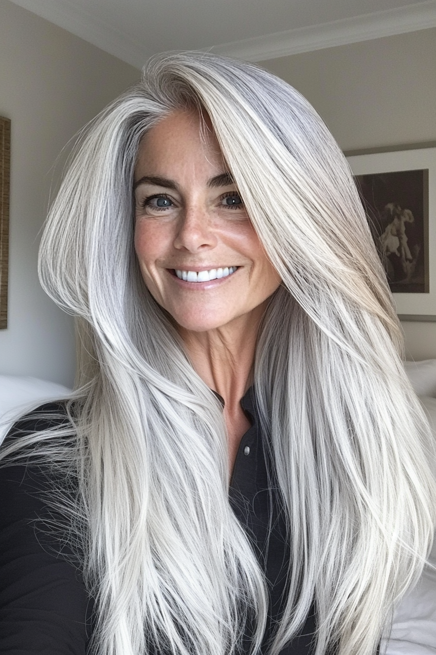 25. Silver-Blonde Blended Layers (Long Hairstyles For Older Women) - Long Hairstyles For Older Women