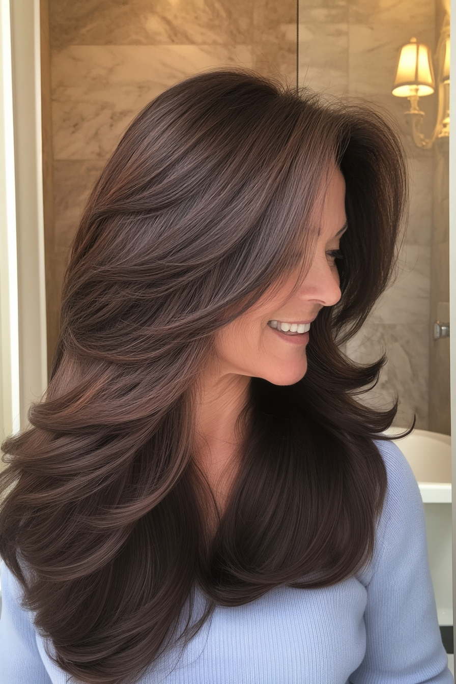 26. Dark Walnut Face-Framing Layers (Long Hairstyles For Older Women) - Long Hairstyles For Older Women