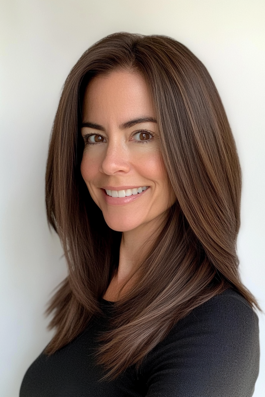 3. Sleek Espresso Layers (Long Hairstyles For Women Over 50) - Long Hairstyles For Women Over 50