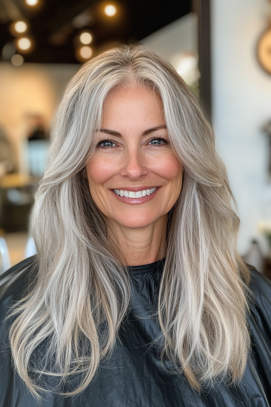 6. Silver Elegance with Face-Framing Layers (Long Hairstyles For Women Over 50) - Long Hairstyles For Women Over 50