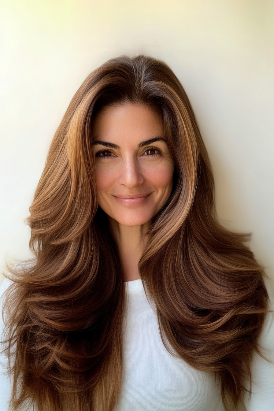 7. Chestnut Balayage with Soft Layers (Long Hairstyles For Women Over 50) - Long Hairstyles For Women Over 50
