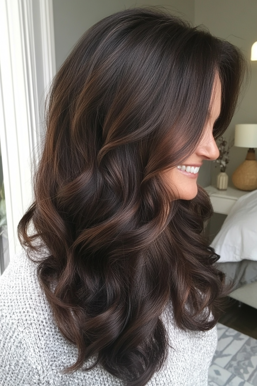 8. Dimensional Dark Brown Waves (Long Hairstyles For Women Over 50) - Long Hairstyles For Women Over 50
