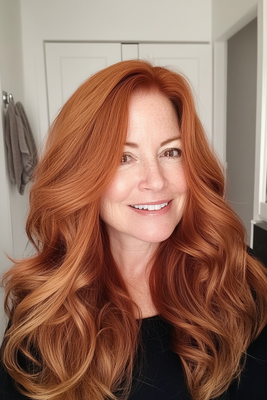 10. Copper Toned Cascading Waves (Long Hairstyles For Women Over 50) - Long Hairstyles For Women Over 50