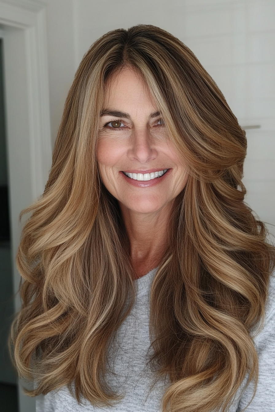 12. Golden Brown Layered Waves (Long Hairstyles For Women Over 50) - Long Hairstyles For Women Over 50