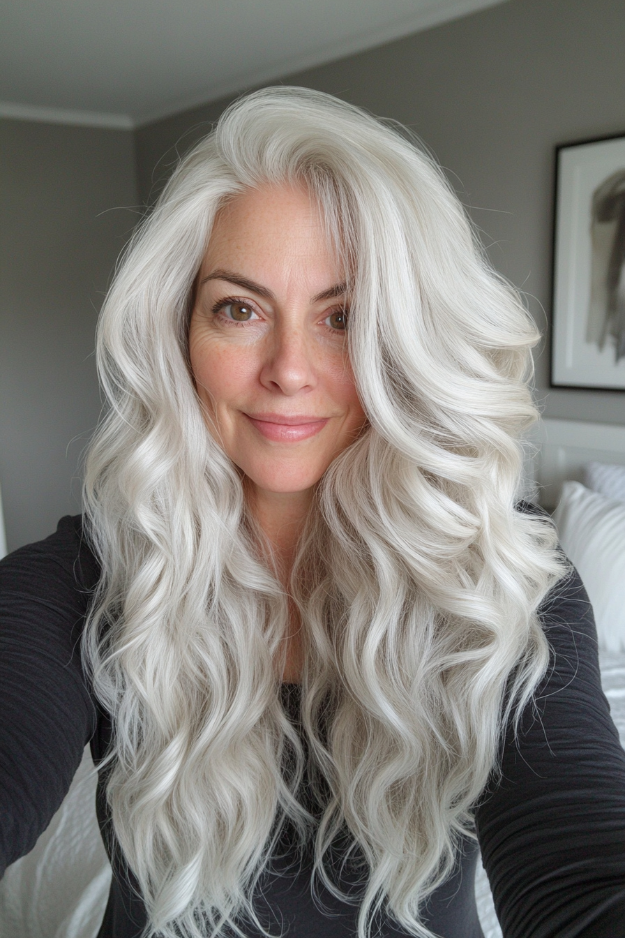 13. Long Salt-and-Pepper Soft Curls (Long Hairstyles For Women Over 50) - Long Hairstyles For Women Over 50