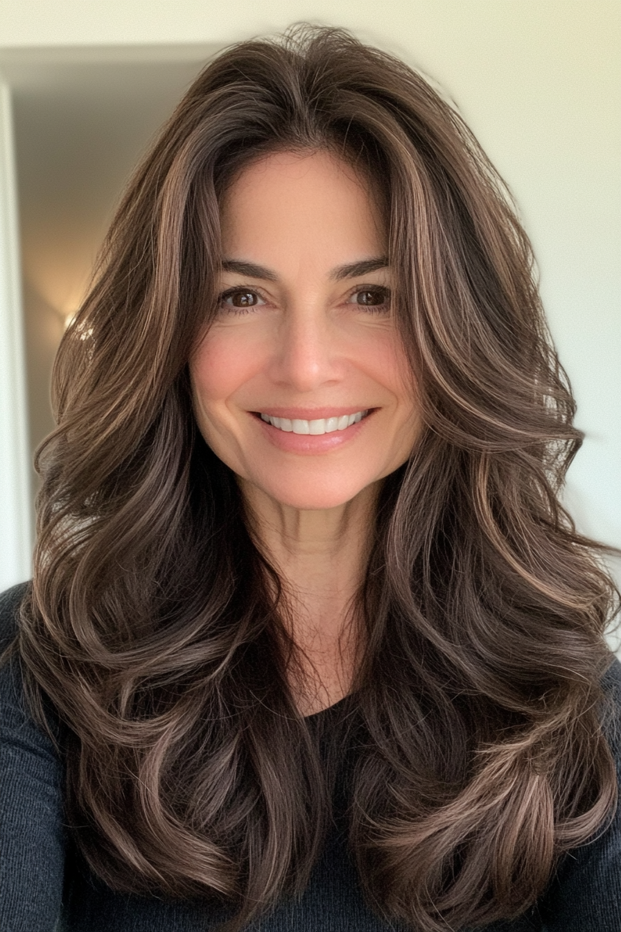14. Deep Chocolate Tousled Layers (Long Hairstyles For Women Over 50) - Long Hairstyles For Women Over 50