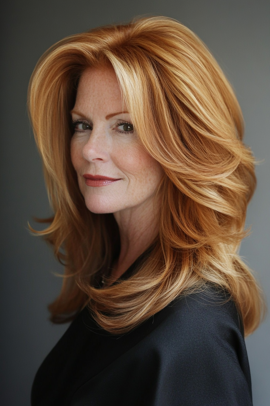 15. Strawberry Blonde Feathered Cut (Long Hairstyles For Women Over 50) - Long Hairstyles For Women Over 50