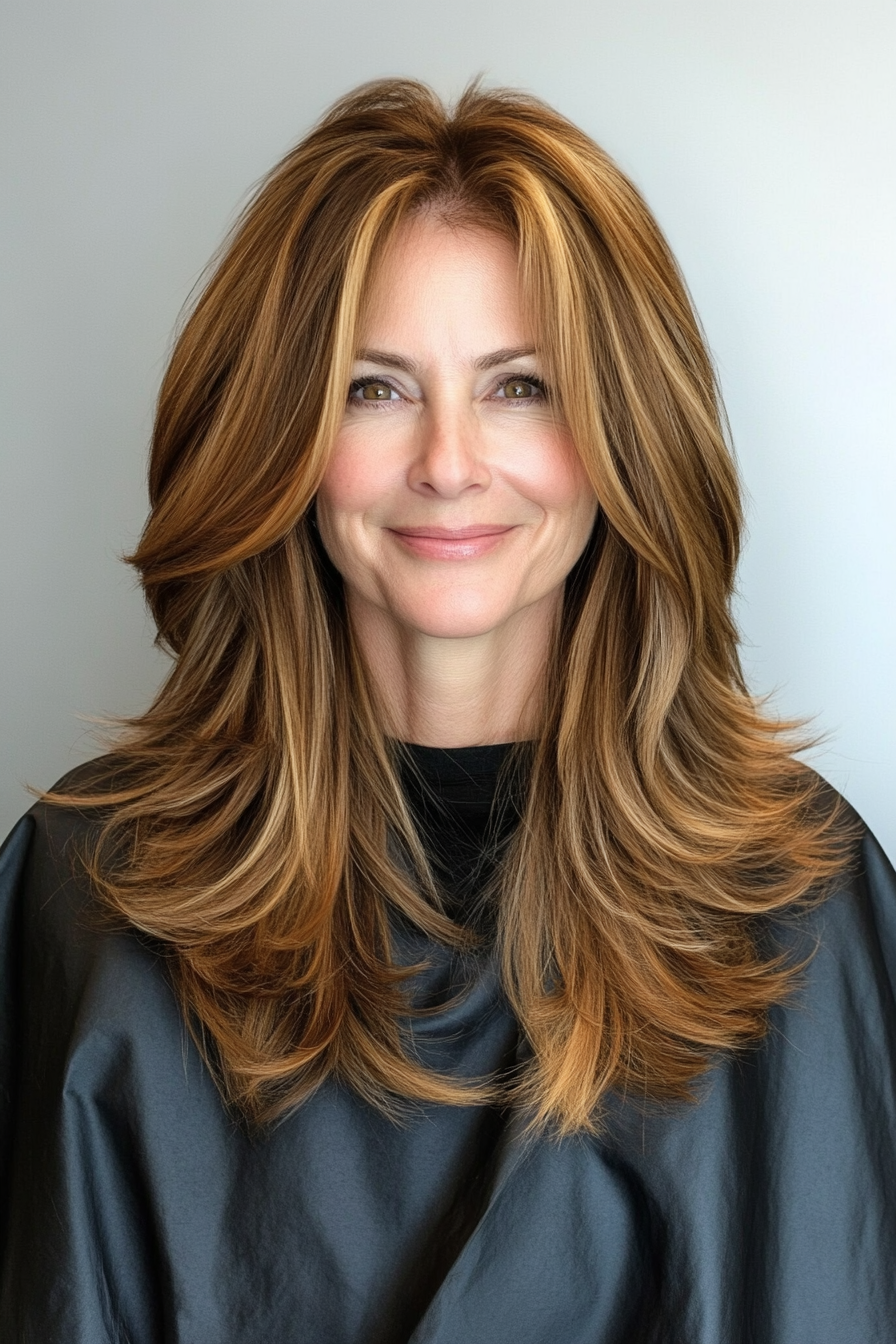 19. Golden Ash Brown with Side Layers (Long Hairstyles For Women Over 50) - Long Hairstyles For Women Over 50