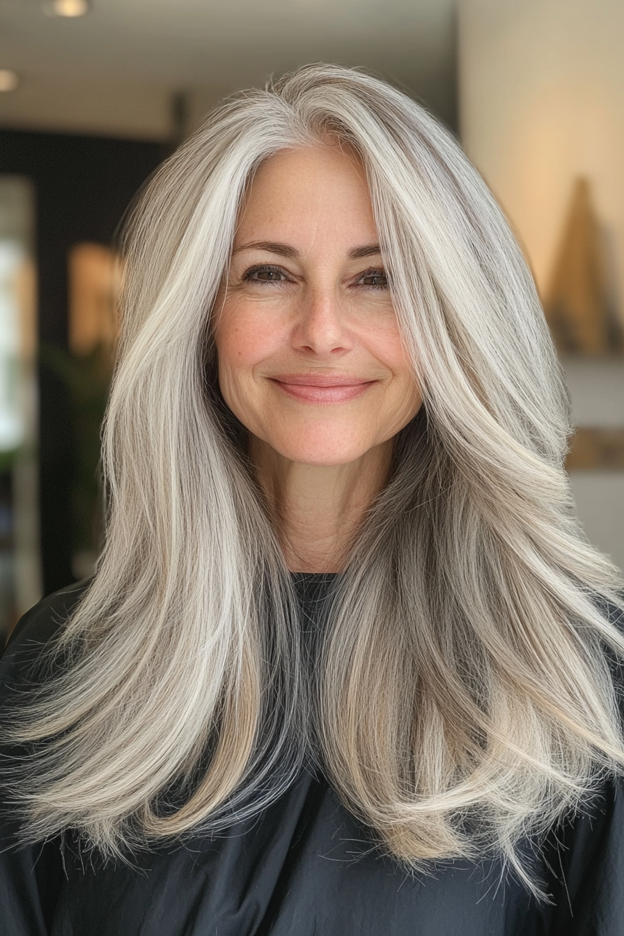 20. Soft Gray with Blended Layers (Long Hairstyles For Women Over 50) - Long Hairstyles For Women Over 50