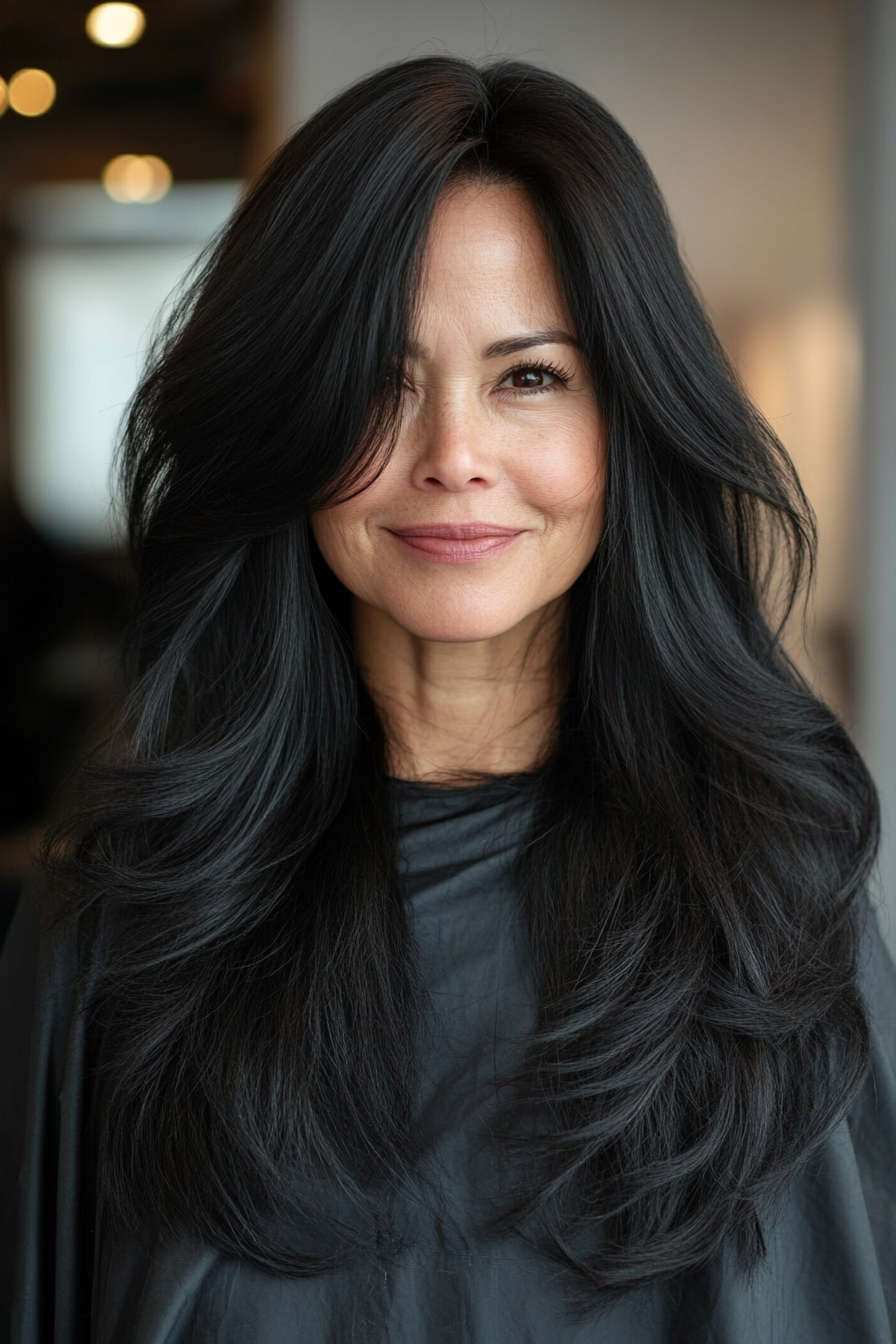 22. Silky Jet Black Flow (Long Hairstyles For Women Over 50) - Long Hairstyles For Women Over 50