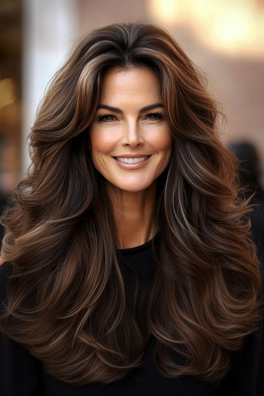 23. Warm Mocha Layered Waves (Long Hairstyles For Women Over 50) - Long Hairstyles For Women Over 50
