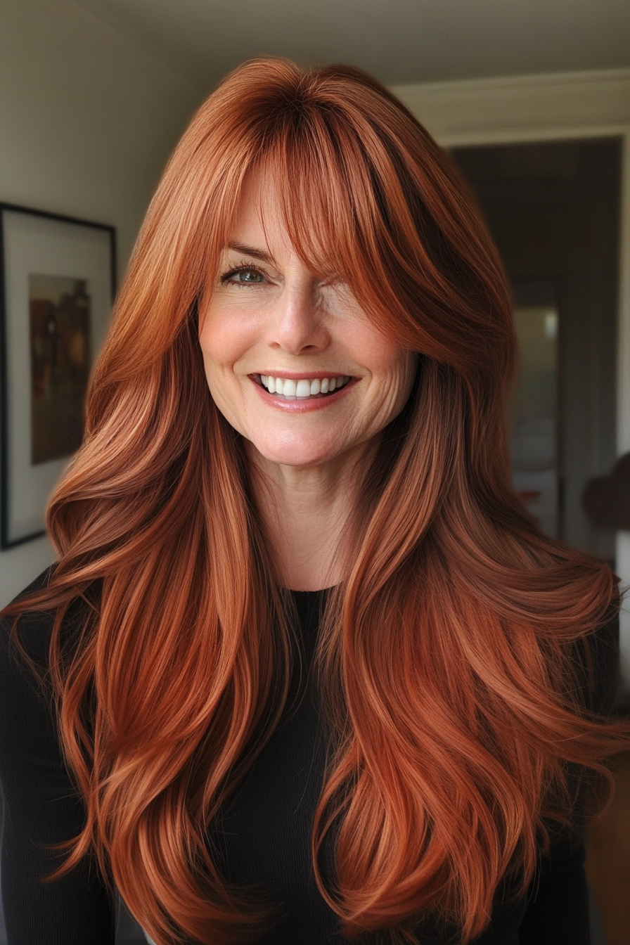 24. Soft Auburn with Curtain Bangs (Long Hairstyles For Women Over 50) - Long Hairstyles For Women Over 50