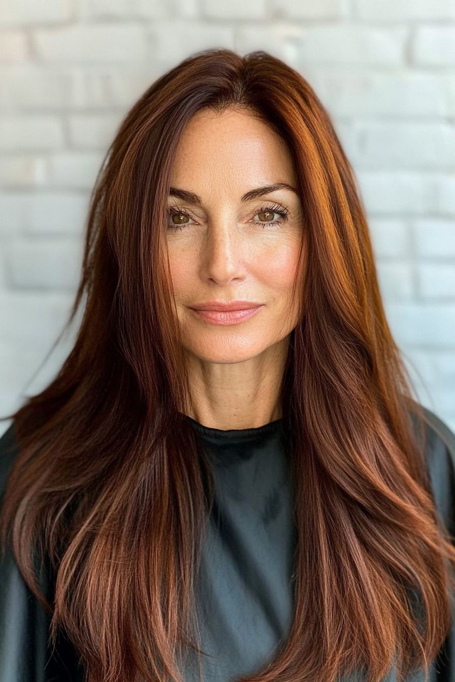 25. Deep Mahogany Straight Cut (Long Hairstyles For Women Over 50) - Long Hairstyles For Women Over 50
