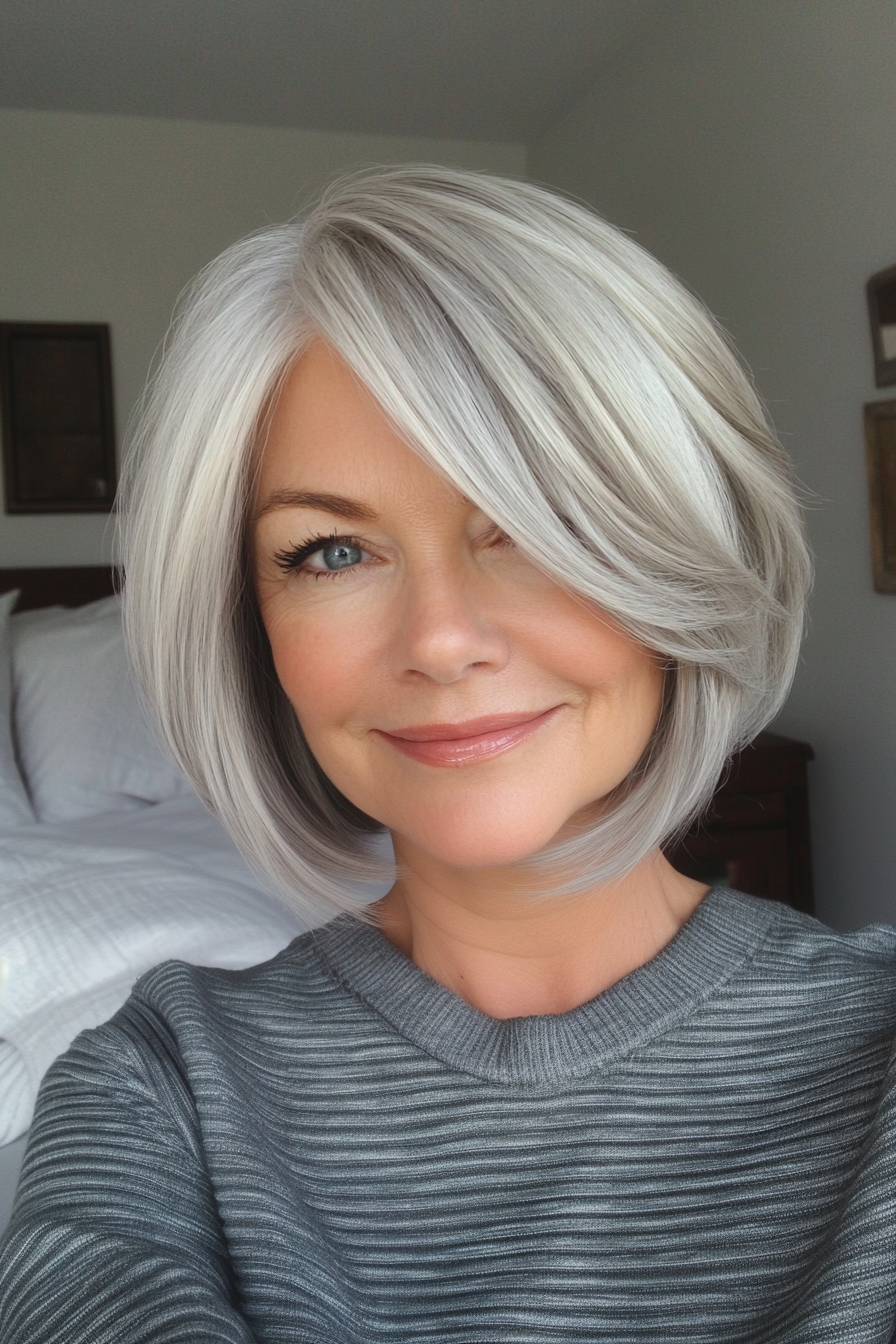1. Classic Layered Bob in Soft Silver (Short Bob Haircuts For Women Over 60) - Short Bob Haircuts For Women Over 60