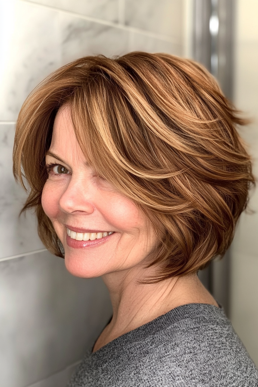 2. Textured Bob with Warm Chestnut Highlights (Short Bob Haircuts For Women Over 60) - Short Bob Haircuts For Women Over 60
