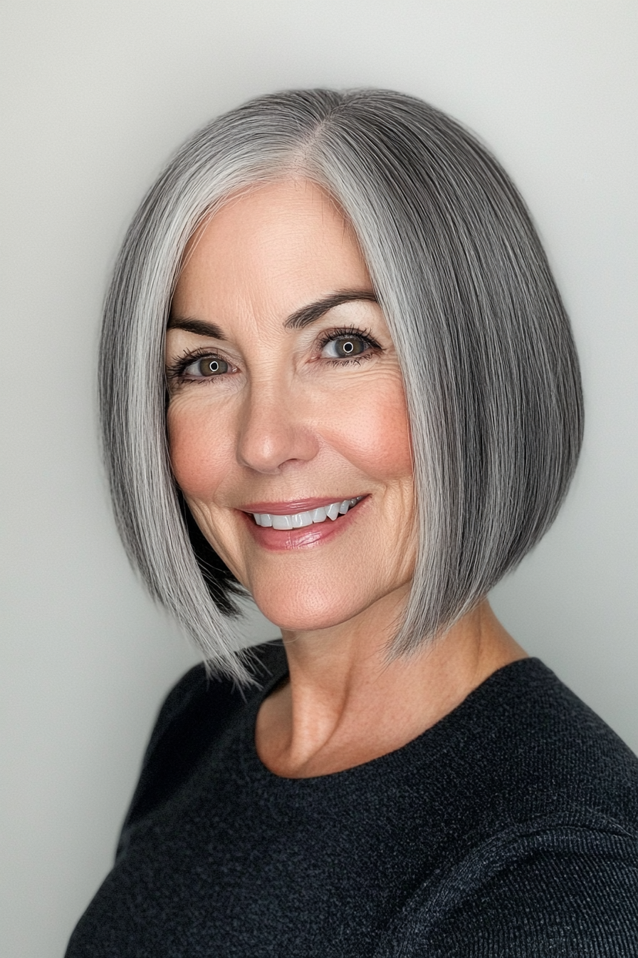 14. Neck-Length Bob in Cool Charcoal Gray (Short Bob Haircuts For Women Over 60) - Short Bob Haircuts For Women Over 60