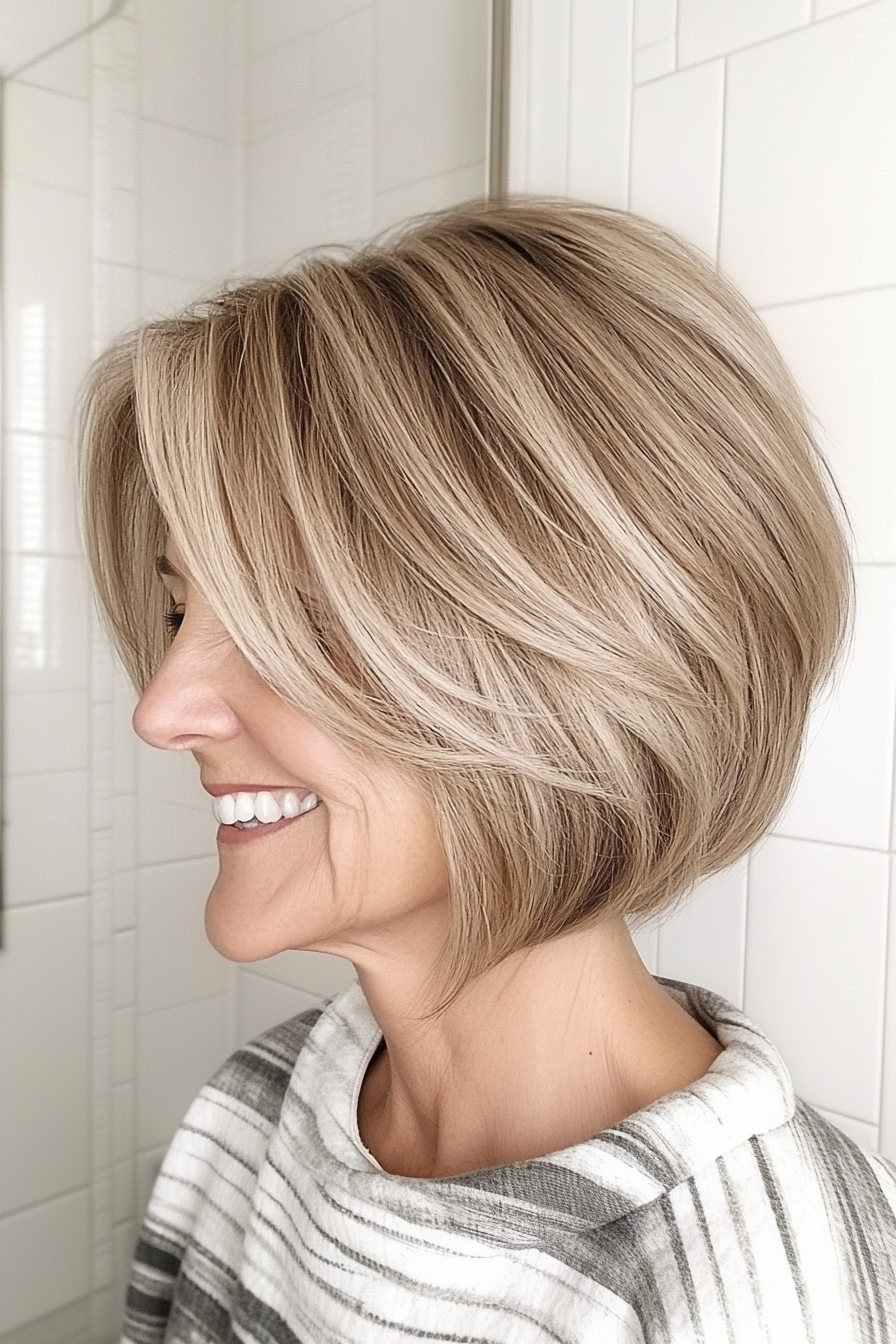 15. Layered Bob with Face-Framing Highlights in Sandy Blonde (Short Bob Haircuts For Women Over 60) - Short Bob Haircuts For Women Over 60