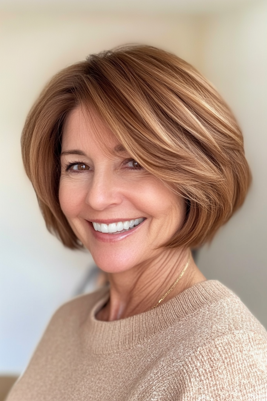 24. Voluminous Bob in Soft Cinnamon Brown (Short Bob Haircuts For Women Over 60) - Short Bob Haircuts For Women Over 60