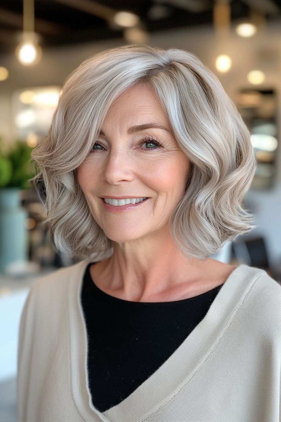 25. Soft Curled Bob in Pearl Gray (Short Bob Haircuts For Women Over 60) - Short Bob Haircuts For Women Over 60