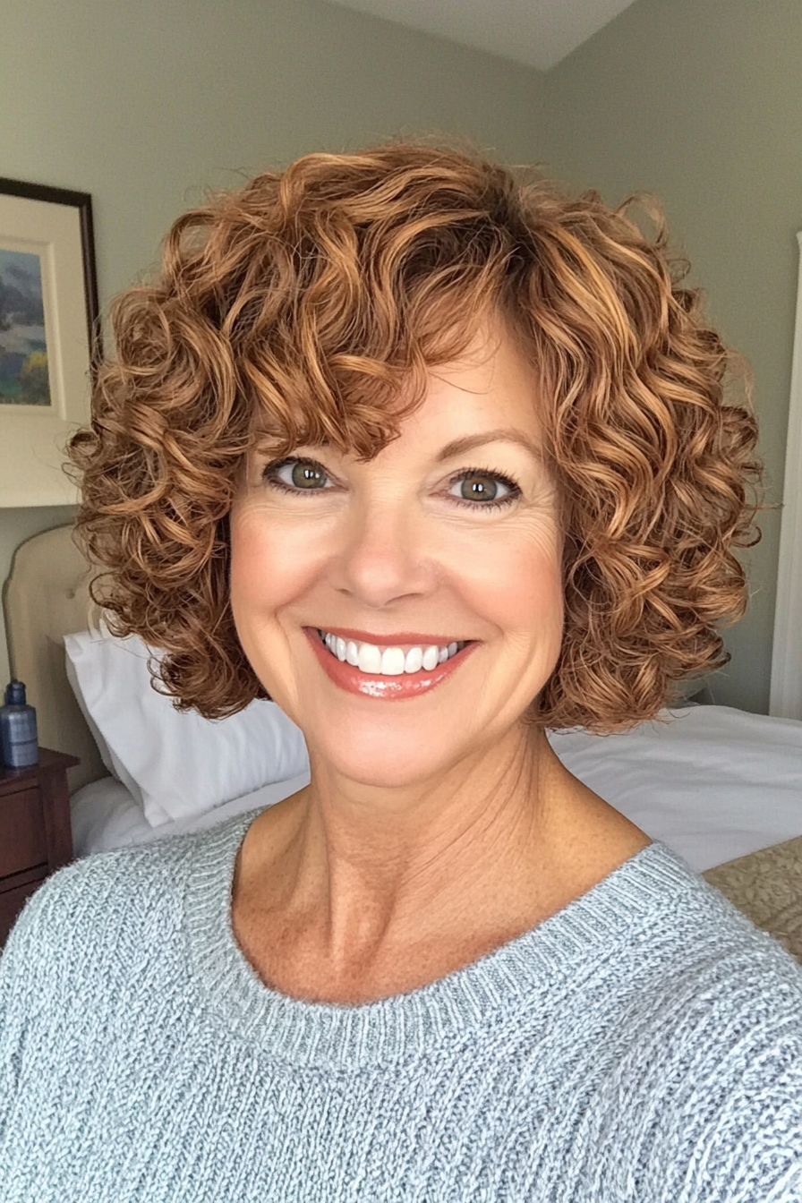 1. Classic Curly Bob in Warm Chestnut (Short Curly Hairstyles For Women Over 50) - Short Curly Hairstyles For Women Over 50